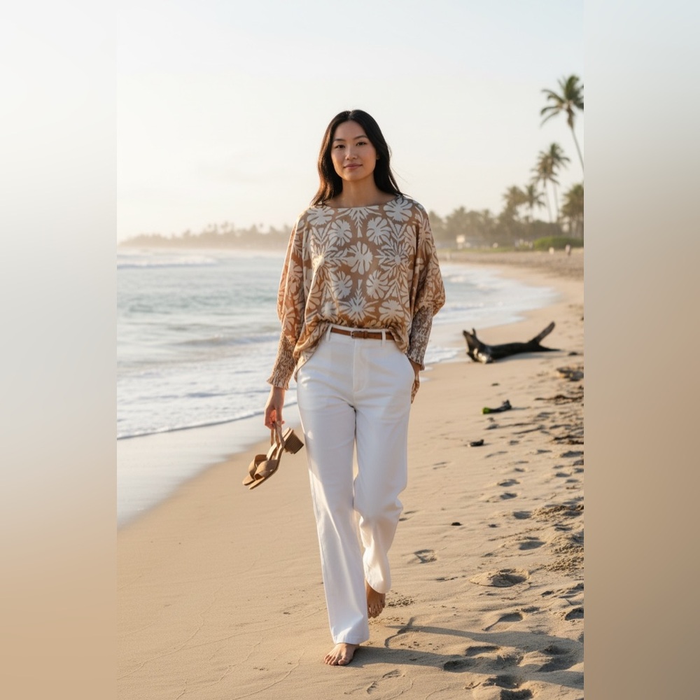 ENTRO Tan & Cream Tropical-Print Boatneck Top S/M